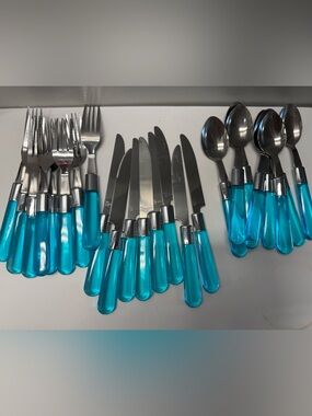 24 pieces Pier 1 Acrylic Handle Flatware Blue Transparent Spoons Knives Forks